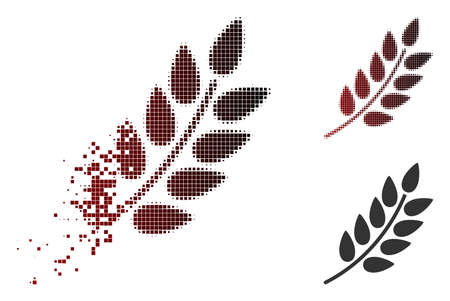 Leaf branch icon in dissolved, dotted halftone and undamaged entire variants. Points are arranged into vector disappearing leaf branch shape.のイラスト素材