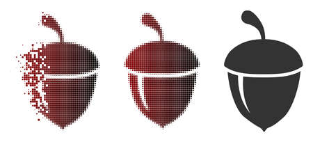 Acorn icon in fractured, pixelated halftone and undamaged solid variants. Points are composed into vector disappearing acorn icon.のイラスト素材