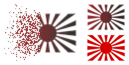Japanese rising sun icon in dispersed, dotted halftone and undamaged entire versions. Particles are combined into vector dispersed Japanese rising sun icon.のイラスト素材