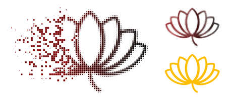 Lotus icon in sparkle, pixelated halftone and undamaged solid variants. Particles are combined into vector disappearing lotus shape.のイラスト素材