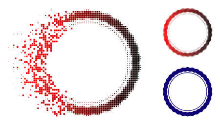 Certificate round rosette frame icon in dissolved, pixelated halftone and undamaged whole variants. Particles are arranged into vector sparkle certificate round rosette frame symbol.のイラスト素材