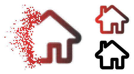Home icon in fractured, pixelated halftone and undamaged whole versions. Pixels are combined into vector disappearing home pictogram.のイラスト素材