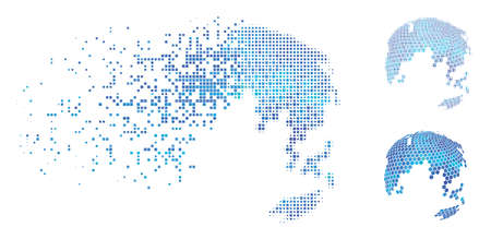 Hexagon earth abstract globe icon in dispersed, dotted halftone and whole variants. Elements are organized into vector disappearing hexagon earth abstract globe icon.のイラスト素材