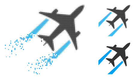 Air jet trace icon in fractured, dotted halftone and whole versions. Particles are combined into vector dispersed air jet trace pictogram. Disappearing effect involves rectangle particles.のイラスト素材