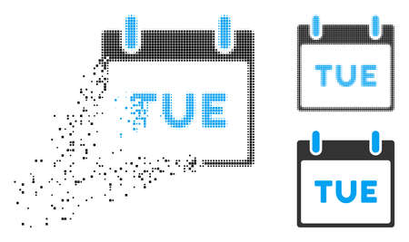 Tuesday calendar page icon in fractured, pixelated halftone and solid variants. Elements are organized into vector disappearing Tuesday calendar page icon.のイラスト素材