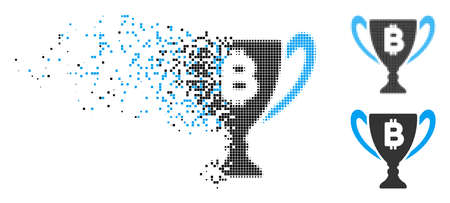 Bitcoin award cup icon in dispersed, pixelated halftone and original versions. Cells are organized into vector dispersed Bitcoin award cup icon. Disintegration effect involves rectangle scintillas.のイラスト素材