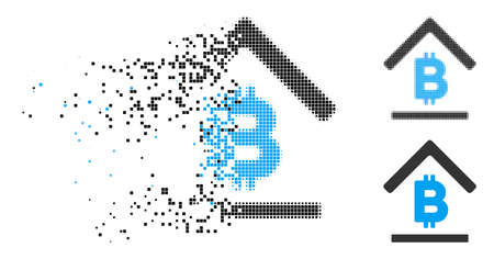 Bitcoin bank roof icon in dissolved, pixelated halftone and entire variants. Pieces are arranged into vector disappearing Bitcoin bank roof icon. Disintegration effect uses rectangular dots.のイラスト素材