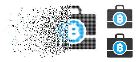 Bitcoin case icon in dispersed, dotted halftone and whole versions. Pixels are arranged into vector dispersed Bitcoin case shape. Disappearing effect involves rectangular particles.のイラスト素材