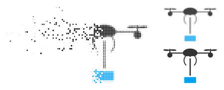 Copter shipment icon in fractured, pixelated halftone and solid versions. Pieces are organized into vector dispersed copter shipment icon. Disintegration effect involves square particles.のイラスト素材
