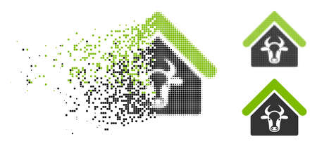 Cattle farm icon in dispersed, dotted halftone and solid versions. Pieces are combined into vector dissolving cattle farm icon. Disintegration effect involves square scintillas.のイラスト素材