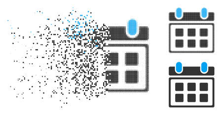 Calendar icon in dispersed, pixelated halftone and undamaged variants. Particles are arranged into vector disappearing calendar symbol. Disappearing effect involves rectangle scintillas.のイラスト素材