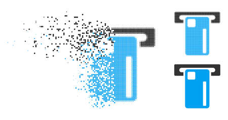 ATM machine icon in fragmented, dotted halftone and whole versions. Cells are organized into vector disappearing ATM machine icon. Disappearing effect involves rectangle particles.のイラスト素材