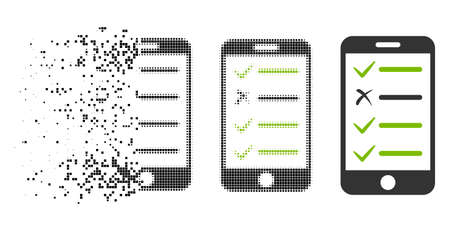 Mobile checklist icon in dissolved, pixelated halftone and whole variants. Pixels are combined into vector disappearing mobile checklist icon. Disintegration effect uses square particles.のイラスト素材