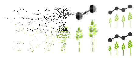 Crop analytics icon in fractured, dotted halftone and undamaged versions. Elements are grouped into vector disappearing crop analytics symbol. Disappearing effect uses rectangular particles.のイラスト素材