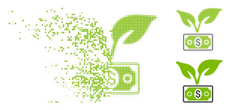 Eco startup gain icon in dissolved, pixelated halftone and whole variants. Particles are organized into vector dissipated eco startup gain symbol. Disappearing effect uses rectangular particles.のイラスト素材