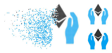 Ethereum care hands icon in dispersed, pixelated halftone and undamaged variants. Points are combined into vector dispersed Ethereum care hands icon. Disappearing effect uses square particles.のイラスト素材