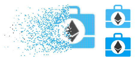 Ethereum case icon in dispersed, dotted halftone and undamaged versions. Particles are grouped into vector disappearing Ethereum case form. Disintegration effect involves square particles.のイラスト素材