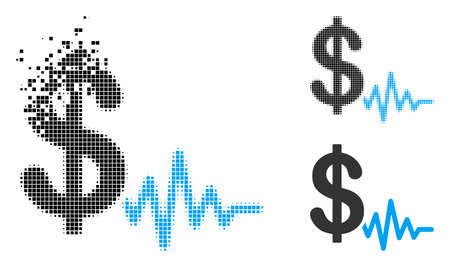 Dollar signal icon in dispersed, dotted halftone and solid versions. Particles are grouped into vector dispersed dollar signal shape. Disintegration effect involves rectangular particles.のイラスト素材