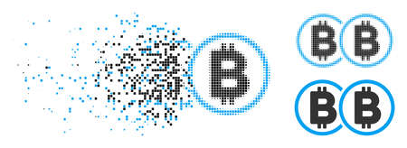 Double Bitcoin icon in dispersed, pixelated halftone and undamaged versions. Particles are composed into vector dispersed double Bitcoin figure. Disappearing effect uses rectangular particles.のイラスト素材