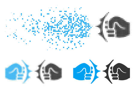Fist fight icon in fractured, dotted halftone and whole variants. Cells are grouped into vector disappearing fist fight figure. Disappearing effect involves square scintillas.のイラスト素材