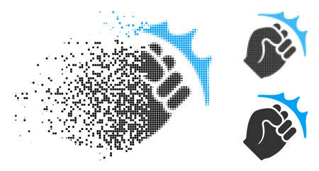 Fist strike icon in dispersed, dotted halftone and whole versions. Fragments are arranged into vector dispersed fist strike icon. Disappearing effect involves rectangle dots.のイラスト素材