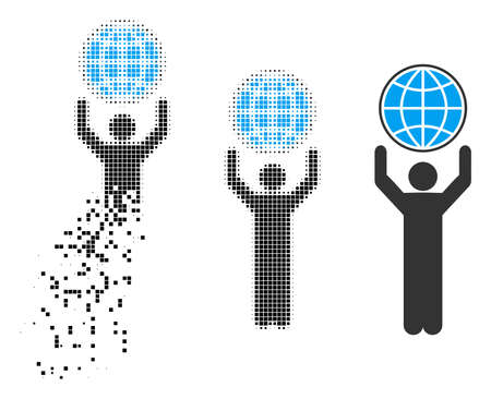 Globalist icon in fractured, pixelated halftone and solid variants. Particles are combined into vector dissolving globalist icon. Disintegration effect uses square scintillas.のイラスト素材