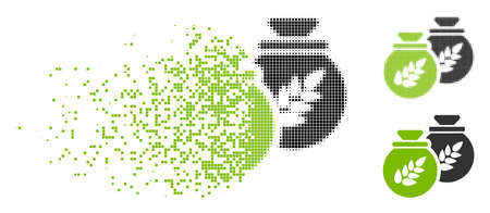 Grain harvest sacks icon in fractured, dotted halftone and solid versions. Pixels are organized into vector disappearing grain harvest sacks shape. Disappearing effect uses rectangle dots.のイラスト素材