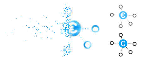Euro network icon in fragmented, pixelated halftone and solid versions. Particles are composed into vector dispersed Euro network icon. Disappearing effect involves square particles.のイラスト素材