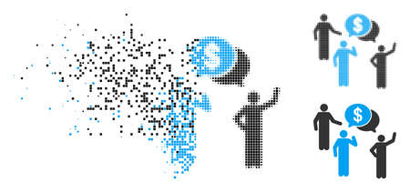 Financial discussion group icon in dispersed, pixelated halftone and undamaged variants. Points are combined into vector disappearing financial discussion group symbol.のイラスト素材
