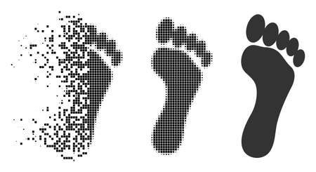 Footprint icon in dissolved, pixelated halftone and whole versions. Particles are combined into vector disappearing footprint figure. Disappearing effect uses rectangle particles.のイラスト素材