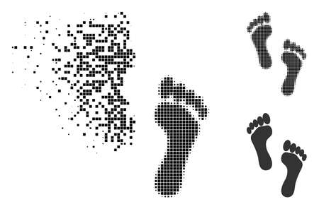 Footprints icon in fractured, dotted halftone and whole variants. Cells are organized into vector disappearing footprints icon. Disappearing effect uses rectangle dots.のイラスト素材