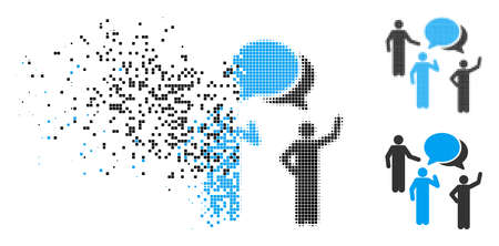 Forum icon in dispersed, dotted halftone and solid versions. Pixels are grouped into vector dissolving forum icon. Disintegration effect involves rectangular particles.のイラスト素材