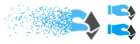 Hand take Ethereum icon in dispersed, dotted halftone and entire variants. Pieces are organized into vector dispersed hand take Ethereum pictogram. Disappearing effect uses rectangle dots.のイラスト素材
