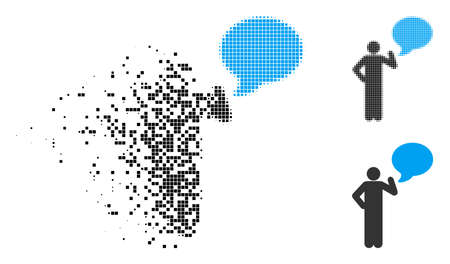 Man idea balloon icon in dispersed, dotted halftone and whole variants. Elements are organized into vector dispersed man idea balloon shape. Disintegration effect involves rectangle dots.のイラスト素材