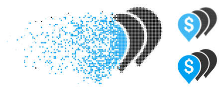 Money map pointers icon in dispersed, pixelated halftone and entire versions. Pieces are arranged into vector dispersed money map pointers icon. Disintegration effect uses rectangle dots.のイラスト素材