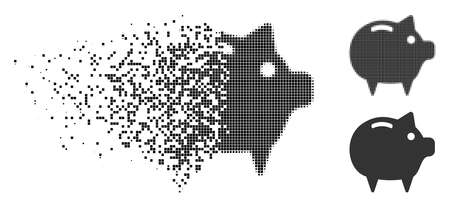 Piggy bank icon in dispersed, pixelated halftone and solid variants. Cells are organized into vector dissipated piggy bank icon. Disintegration effect involves square particles.のイラスト素材