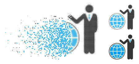Planetary manager icon in dispersed, pixelated halftone and undamaged versions. Particles are organized into vector disappearing planetary manager symbol.のイラスト素材