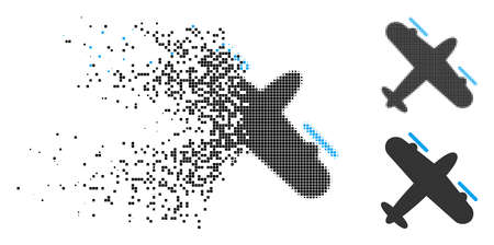 Propeller aircraft icon in fractured, pixelated halftone and undamaged versions. Particles are composed into vector disappearing propeller aircraft form. Disappearing effect involves rectangular dots.のイラスト素材