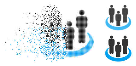 Social group icon in fractured, dotted halftone and original variants. Pieces are arranged into vector disappearing social group form. Disappearing effect involves rectangle dots.のイラスト素材