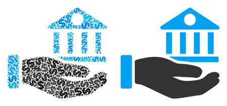 Bank building service hand mosaic of dollar symbols and small round circles. Vector dollar currency pictograms are composed into bank building service hand mosaic.のイラスト素材