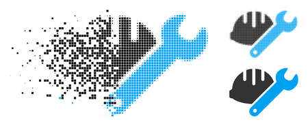 Helmet with wrench icon in fractured, dotted halftone and solid versions. Particles are grouped into vector disappearing helmet with wrench pictogram.のイラスト素材