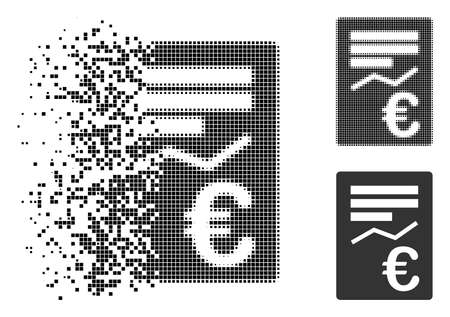 Euro report icon in fractured, dotted halftone and original variants. Fragments are arranged into vector disappearing Euro report icon. Disappearing effect involves rectangular scintillas.のイラスト素材