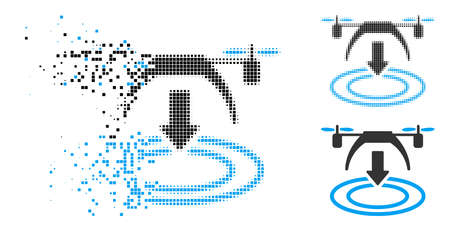 Copter landing icon in fragmented, pixelated halftone and whole versions. Fragments are combined into vector disappearing copter landing icon. Disintegration effect involves square particles.のイラスト素材