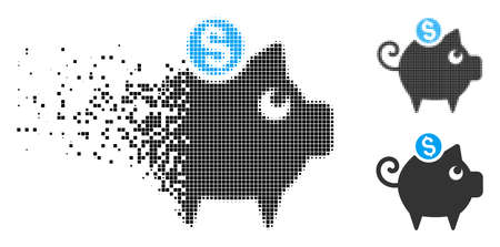 Piggy bank icon in dissolved, pixelated halftone and whole versions. Pieces are combined into vector disappearing piggy bank figure. Disappearing effect uses square dots.のイラスト素材