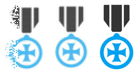 Maltese cross icon in dispersed, dotted halftone and undamaged variants. Cells are combined into vector dissolving maltese cross icon. Disappearing effect uses square scintillas.のイラスト素材