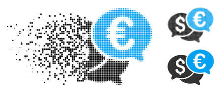 Currency bids icon in fractured, dotted halftone and original versions. Elements are grouped into vector disappearing currency bids icon. Disappearing effect involves rectangular particles.のイラスト素材