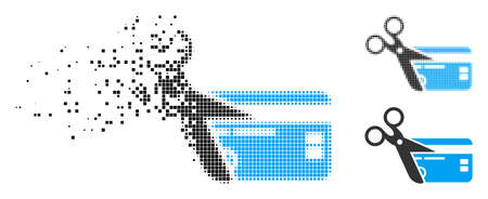 Cut credit card icon in fractured, dotted halftone and entire versions. Particles are organized into vector dispersed cut credit card pictogram. Disappearing effect involves rectangular particles.のイラスト素材