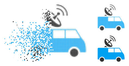 Radio control car icon in dissolved, dotted halftone and whole variants. Cells are arranged into vector disappearing radio control car icon. Disappearing effect involves rectangle dots.のイラスト素材