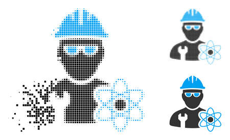 Industrial scientist icon in fragmented, dotted halftone and solid versions. Fragments are composed into vector dispersed industrial scientist icon. Disintegration effect uses rectangle particles.のイラスト素材