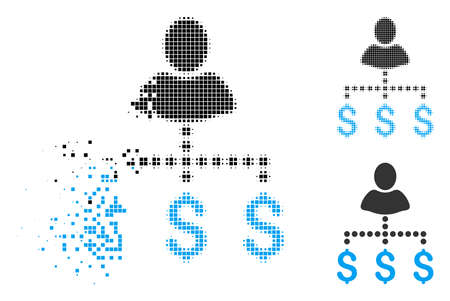 Person payments icon in dissolved, pixelated halftone and original variants. Fragments are arranged into vector disappearing person payments icon. Disappearing effect uses rectangular scintillas.のイラスト素材
